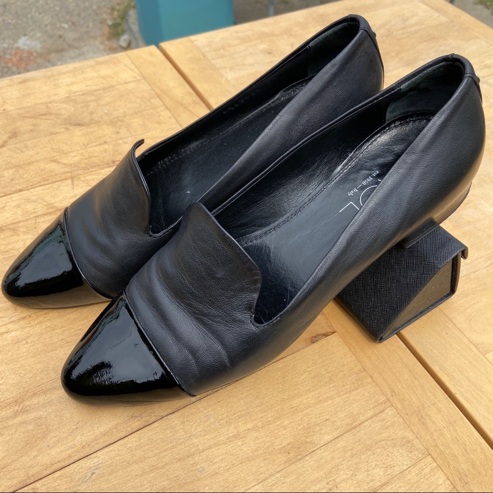AGL leather slip-ons with patent leather toe caps